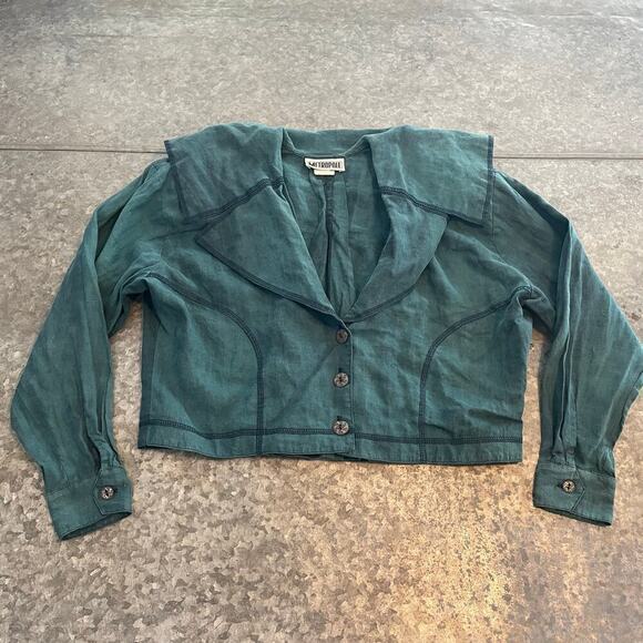 Vintage Linen Lagenlook Cropped Jacket Womens Medium Metropole Green Lightweight - Picture 2 of 11